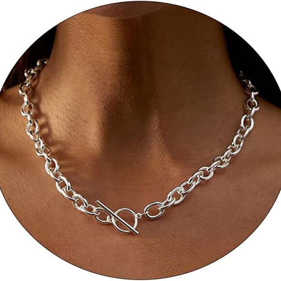 Chunky Gold Toggle Necklace 18K Gold Plated Pearl Vintage Paper Clip Link Chain - Picture 1 of 6